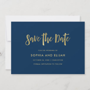Handwritten and Modern   Faux Gold on Navy Blue Save The Date