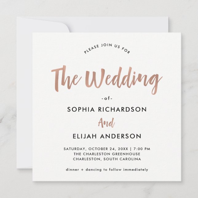 Handwritten and Modern | Faux Rose Gold Wedding Invitation (Front)