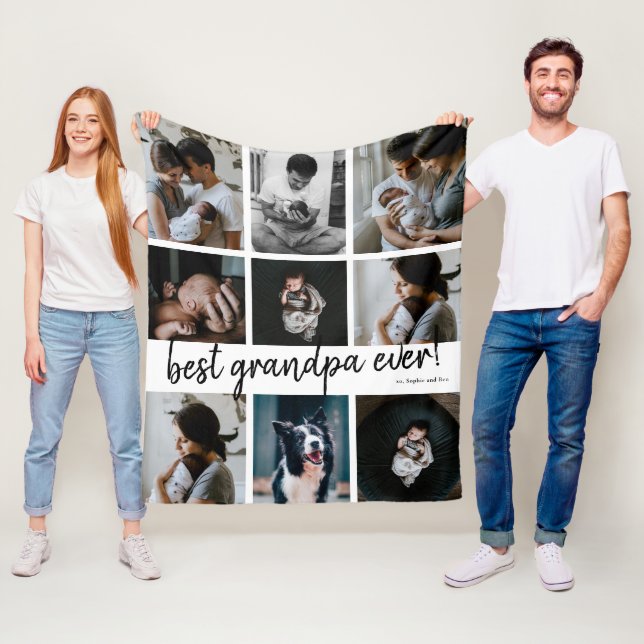 Handwritten Best Grandpa Ever 9 Photo Collage Fleece Blanket (In Situ)