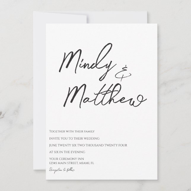 Handwritten Black and White Script Wedding Invitation (Front)