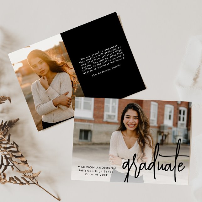Handwritten Black Script 2 Photo Graduation Announcement (Creator Uploaded)