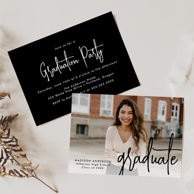 Handwritten Black Script Photo Graduation Party Invitation (Creator Uploaded)