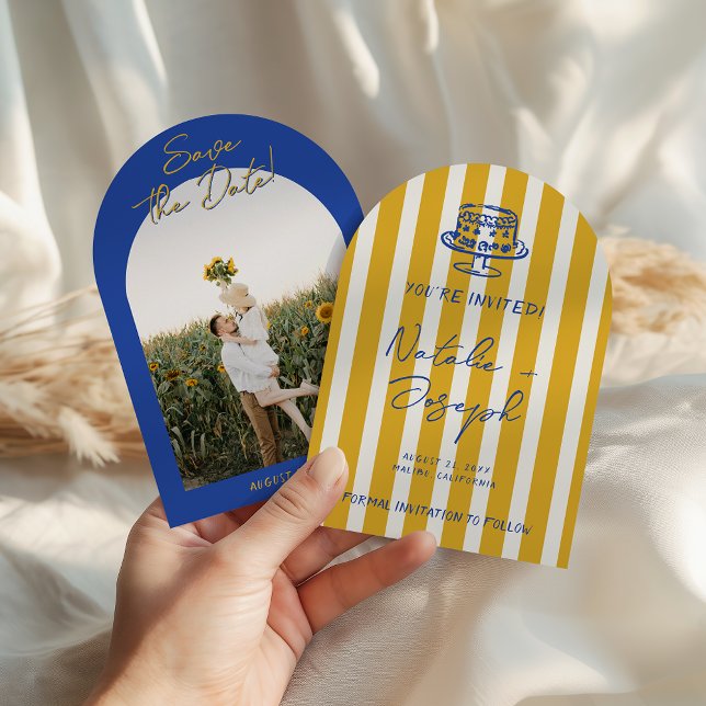 Handwritten Blue Yellow Photo Arched Wedding Save The Date (Creator Uploaded)