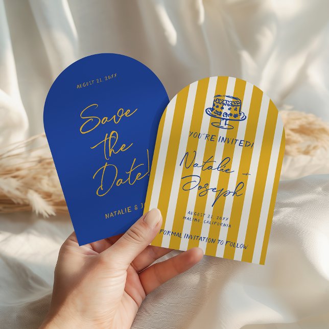 Handwritten Blue Yellow Pinstripes Arched Wedding Save The Date (Creator Uploaded)