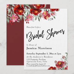 Handwritten Bridal Shower Burgundy Red Flowers Invitation