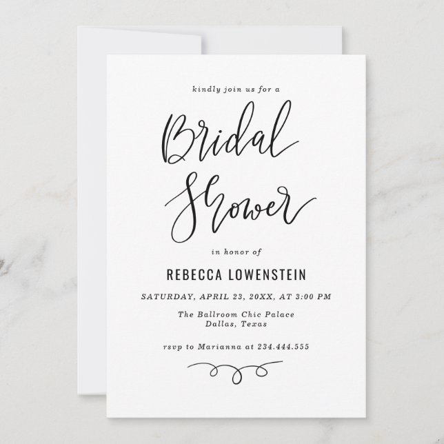 Handwritten Bridal Shower Script Modern Invitation (Front)
