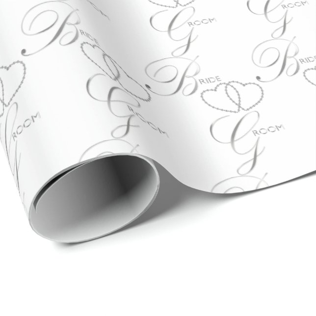 Handwritten Bride and Groom Silver Heart Wedding Wrapping Paper (Roll Corner)