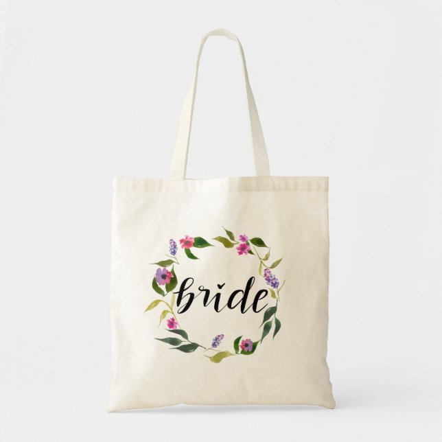 Handwritten Bride Script Watercolor Floral Wreath Tote Bag (Front)