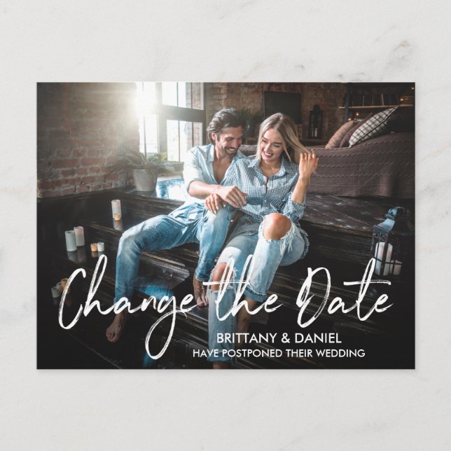 Handwritten Brush Script Change The Date Photo Postcard (Front)