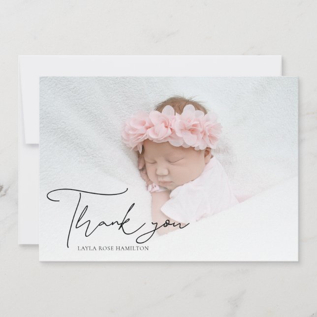 Handwritten Calligraphy Photo New Baby Thank You  Card (Front)