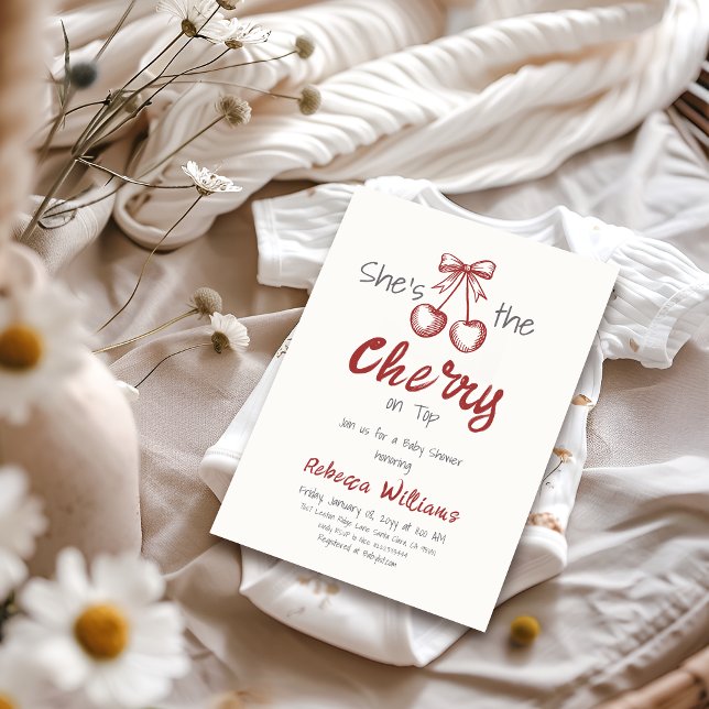 Handwritten Cherry on Top Bow Girl Baby Shower Invitation (Creator Uploaded)
