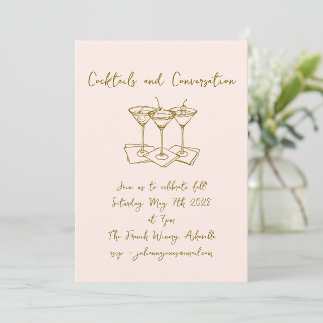 Handwritten Doodles Cocktails Conversation Blush  Invitation (Standing Front)