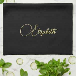 Handwritten Faux Gold Name Template Black Elegant Tea Towel