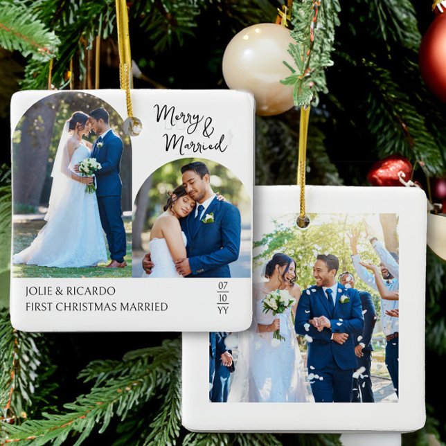Handwritten First Christmas Married Arch Photo Ceramic Ornament (Merry and Married wedding photo christmas ornament by Darling & May)