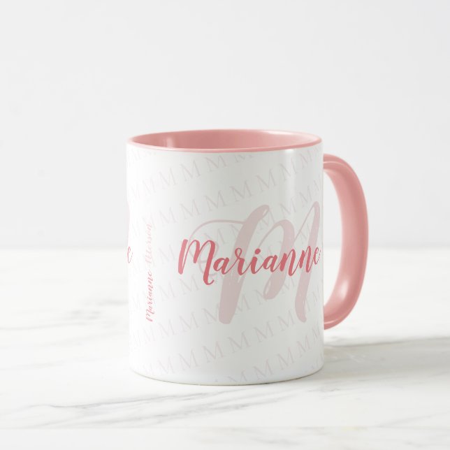 handwritten-font monogrammed name / monogram pink mug (Front Right)