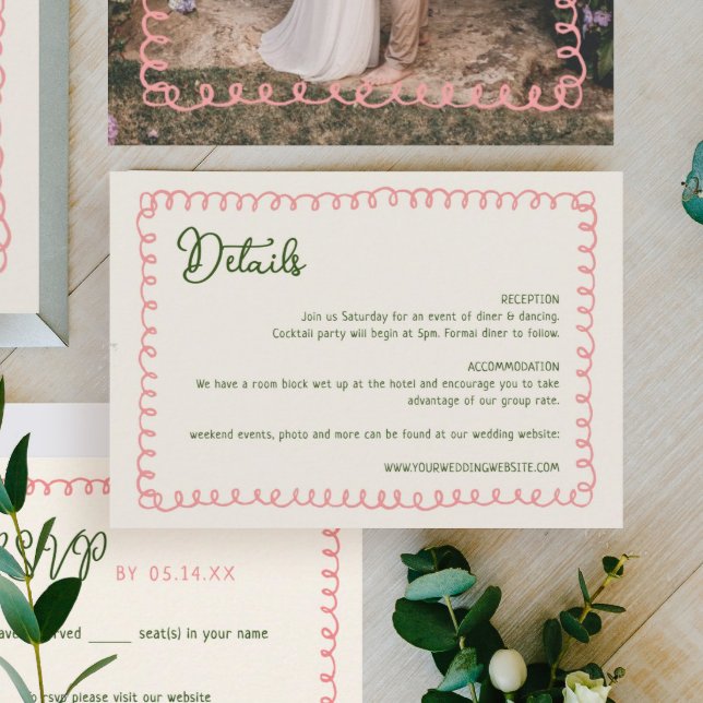 Handwritten French Pink and Green Wedding Details  Enclosure Card (Creator Uploaded)