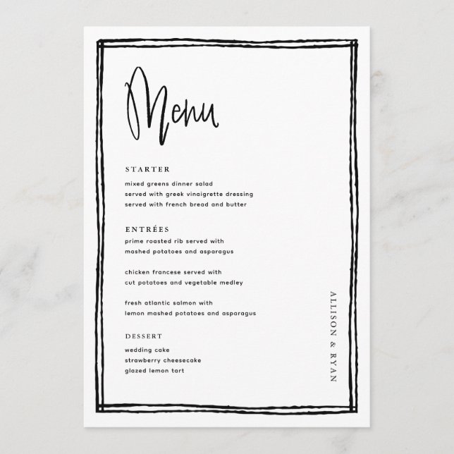 Handwritten French Wedding Table  Menu (Front)