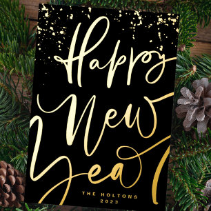 HANDWRITTEN GOLD HAPPY NEW YEAR 2024 FOIL HOLIDAY CARD