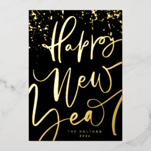 HANDWRITTEN GOLD HAPPY NEW YEAR 2024 FOIL HOLIDAY CARD