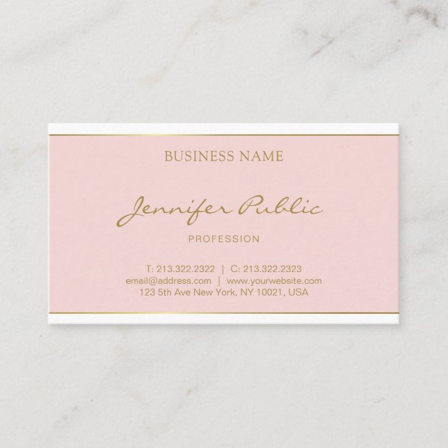 Handwritten Gold Look Text Blush Pink Template Business Card (Front)