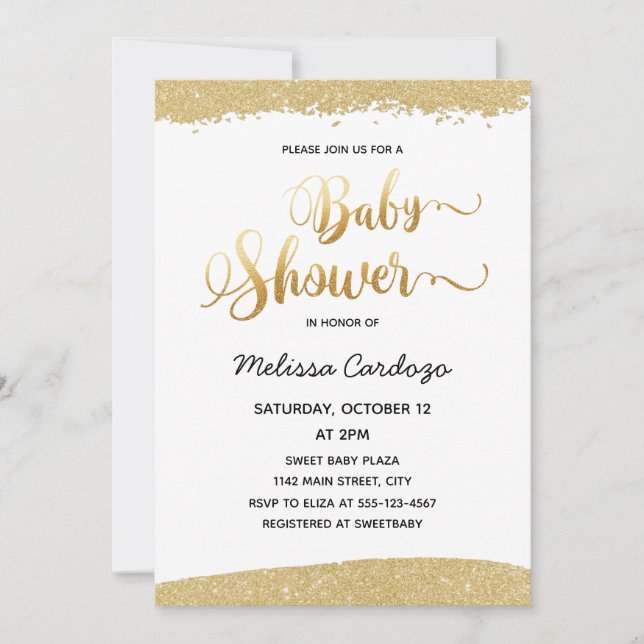 Handwritten Golden Glitter Baby Shower Invitation (Front)