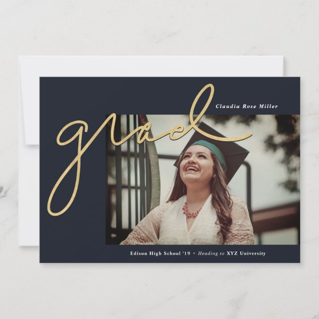 Handwritten Grad in Navy and Gold Graduation Announcement (Front)