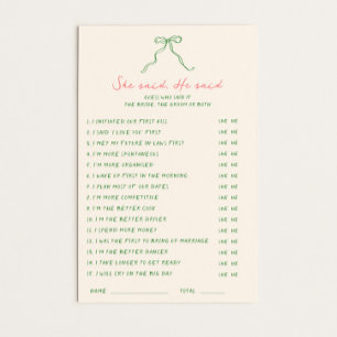 Handwritten Green Pink She said He said Game