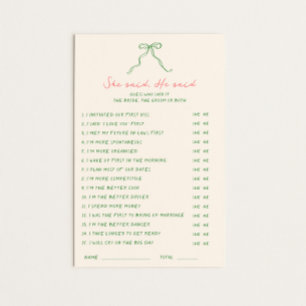 Handwritten Green Pink She said He said Game
