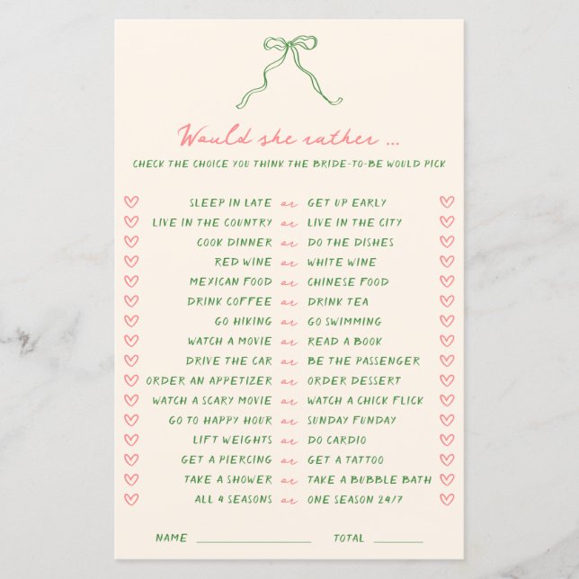 Handwritten Green Pink Would She Rather Game (Front)