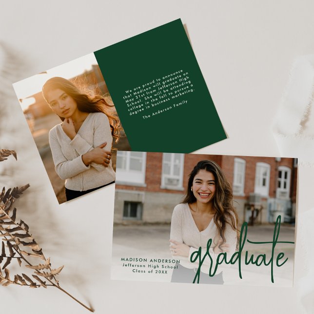 Handwritten Green Script 2 Photo Graduation Announcement (Creator Uploaded)