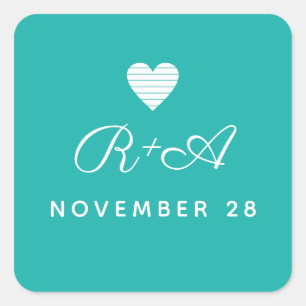 handwritten initials on turquoise blue wedding  square sticker