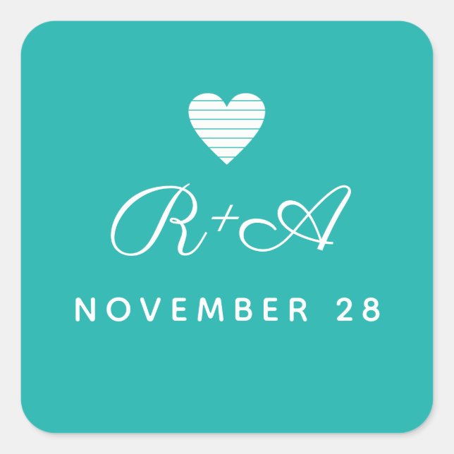 handwritten initials on turquoise blue wedding  square sticker (Front)