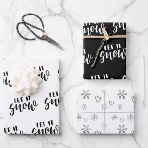 Handwritten Let it Snow Snowflakes Black and White Wrapping Paper Sheet