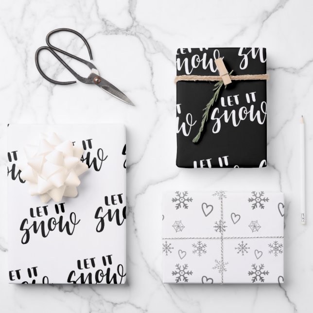 Handwritten Let it Snow Snowflakes Black and White Wrapping Paper Sheet (Front)