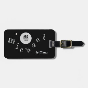 handwritten letters of your name & photo on black luggage tag