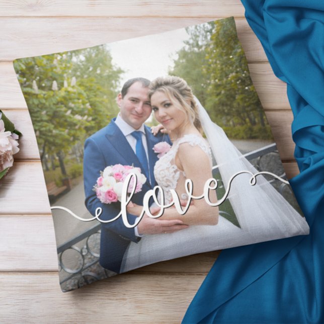Handwritten Love Script Wedding Two Photo Cushion (Creator Uploaded)