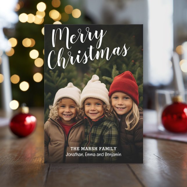 Handwritten Merry Christmas Calligraphy Full Photo Holiday Card (Full Coverage Photo with a White Type Overlay - Online Christmas Card - Download or Print Options)