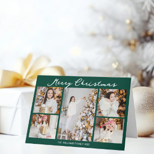 Handwritten Merry Christmas Green Photo Collage Holiday Card