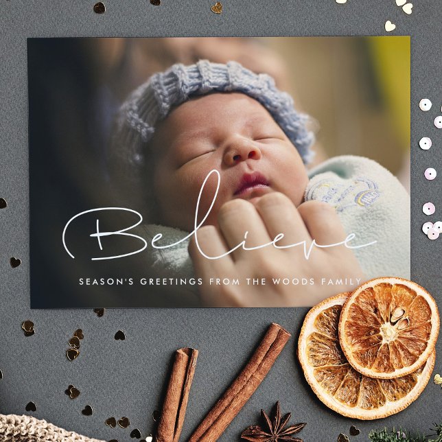 Handwritten Minimalist Believe Inspirational Photo Holiday Card (Creator Uploaded)