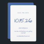 Handwritten Minimalist Blue White Elegant Wedding Save The Date<br><div class="desc">Announce your special day in style with this modern Save the Date card featuring a minimalist blue and white design. The contemporary typography and clean layout create an elegant, timeless look that suits any wedding theme. Perfect for couples who love simple, sophisticated wedding stationery. Customise with your wedding details for...</div>