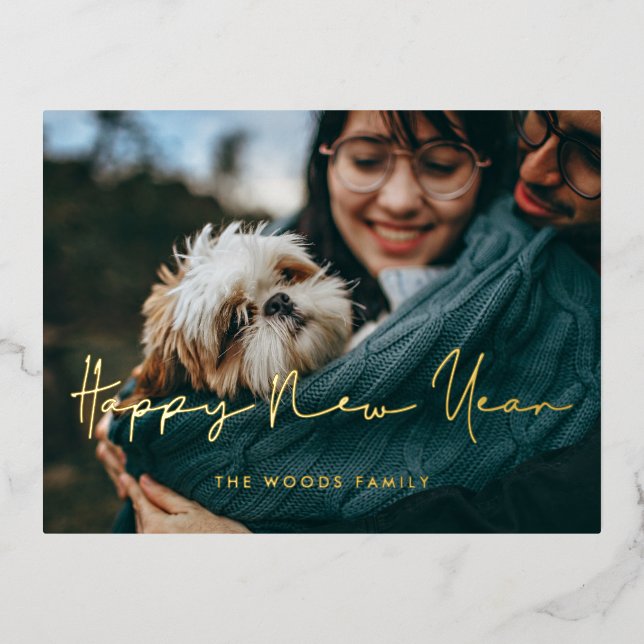 Handwritten minimalist Happy New Year photo Foil Holiday Postcard (Front)