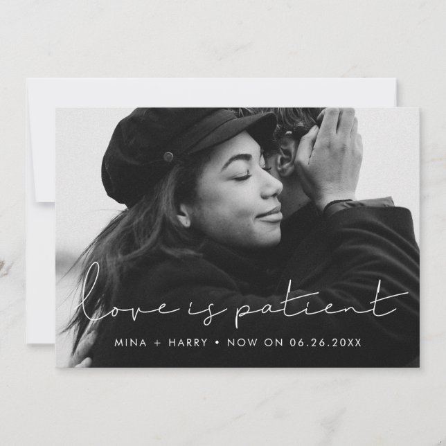 Handwritten minimalist Love is patient wedding Announcement (Front)