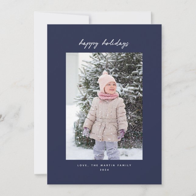 Handwritten Minimalist Navy Holiday Photo Card (Front)