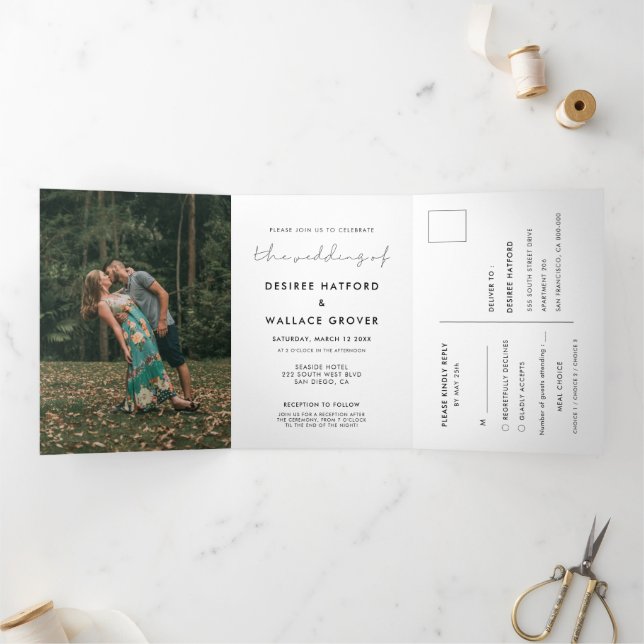 Handwritten minimalist wedding photo Tri-Fold invitation (Inside)