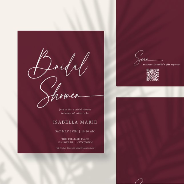 Handwritten Modern MInimal Burgundy Bridal Shower Invitation (Front and back of flat 5x7 bridal shower invitation. Choose size, corner + paper style.)