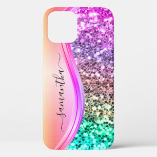 Handwritten Monogram Iridescent Glitter Shimmer iPhone 12 Case