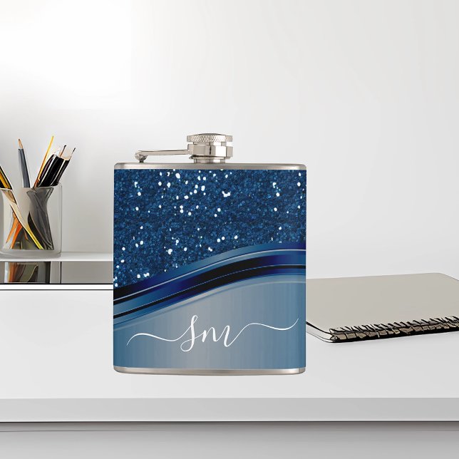 Handwritten Monogram Navy Blue  Metal Glitter  Hip Flask (Creator Uploaded)