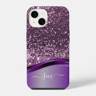 Handwritten Monogram Purple Glitter Look Wave iPhone 14 Case