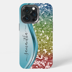 Handwritten Monogram Rainbow Glitter iPhone 13 Pro Case