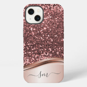 Handwritten Monogram Rose Gold Metal Glitter Case- iPhone 13 Case